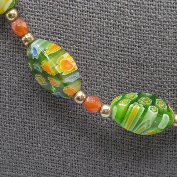 Vintage Millefiori Lamp Work Bead Necklace, Green Rust Gold, 19 Inches - Picture 3 of 9